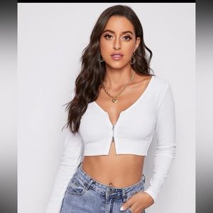 Zipper placket rib-knit crop tee